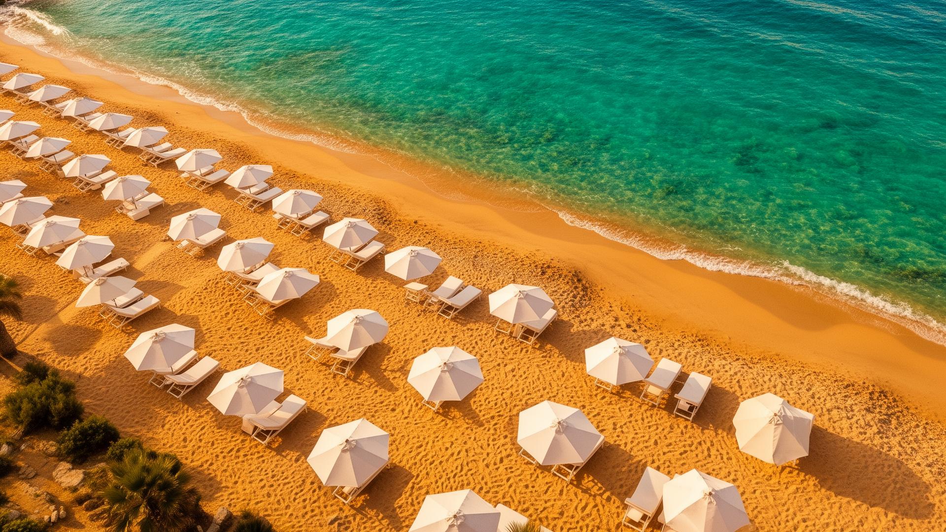 Aerial view of a beach club with sun loungers and umbrellas